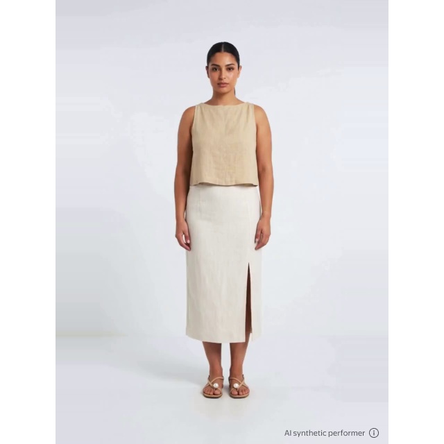 thumbnail enriched-apparel-video image 2 of Time and Tru Women's and Women’s Plus Linen Blend Midi Skirt with Side Slit, Sizes XS-XXXL, 2 of 7