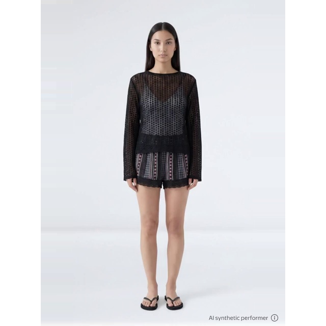thumbnail enriched-apparel-video image 2 of No Boundaries Women's High-Low Crochet Long-Sleeve Swim Coverup, Rich Black, 2 of 5