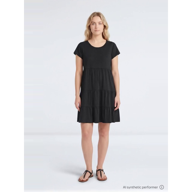 thumbnail enriched-apparel-video image 2 of Time and Tru Women's Tiered Cotton Dress with Short Sleeves, Sizes XS-XXXL, 2 of 5