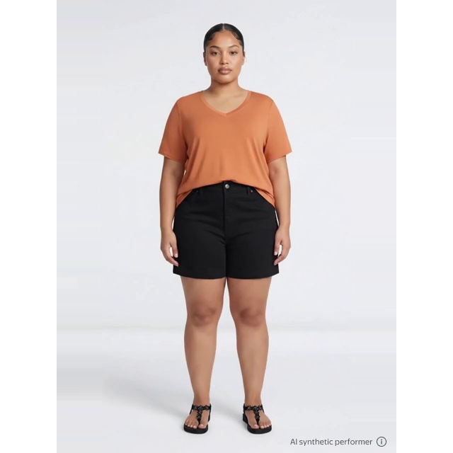 thumbnail enriched-apparel-video image 2 of Terra & Sky Women's Plus High Rise A-Line Denim Shorts, 5 in Inseam, Sizes 16W-26W, 2 of 6