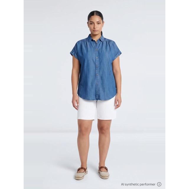 thumbnail enriched-apparel-video image 2 of Time and Tru Women's Chambray Camp Shirt with Short Sleeves, Sizes XS-XXXL, 2 of 7