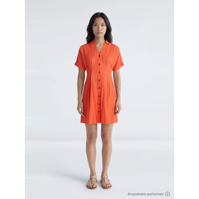 thumbnail enriched-apparel-video image 2 of Time and Tru Women's Linen-Blend Pleated Mini Shirtdress with Short Sleeves, Sizes XS-XXXL, 2 of 7