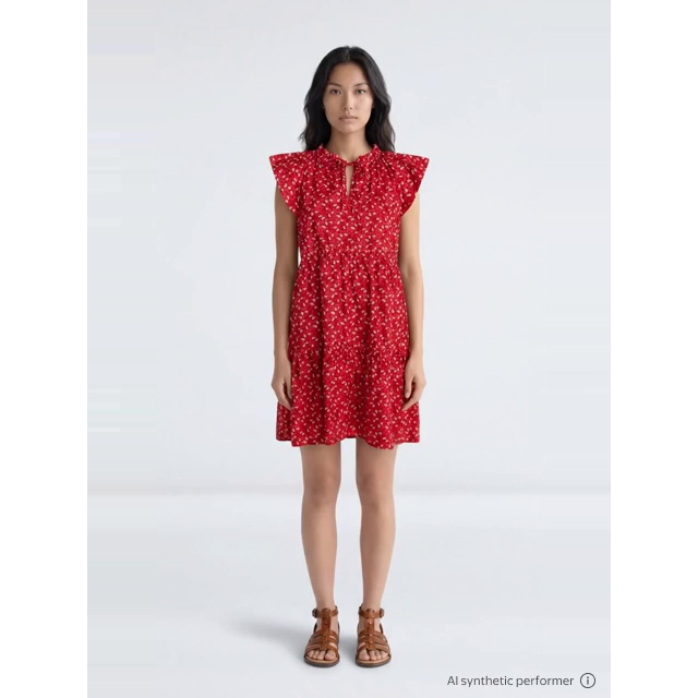 thumbnail enriched-apparel-video image 2 of Time and Tru Women's Tiered Cotton Mini Dress with Flutter Sleeves, Rustic Red Floral, Sizes XS-4X, 2 of 6