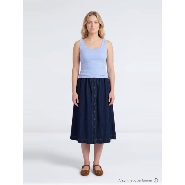 thumbnail enriched-apparel-video image 2 of Time and Tru Women's Button Front Denim Midi Skirt, Sizes XS – XXXL, 2 of 7