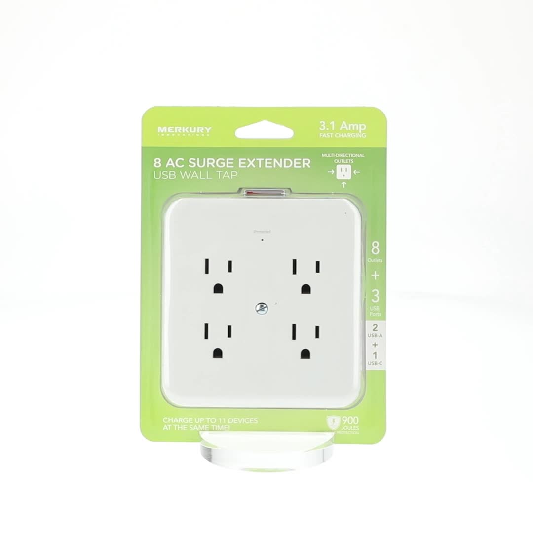 Merkury Innovations 8-Outlet Surge Protector USB Wall Tap, 2 USB-A