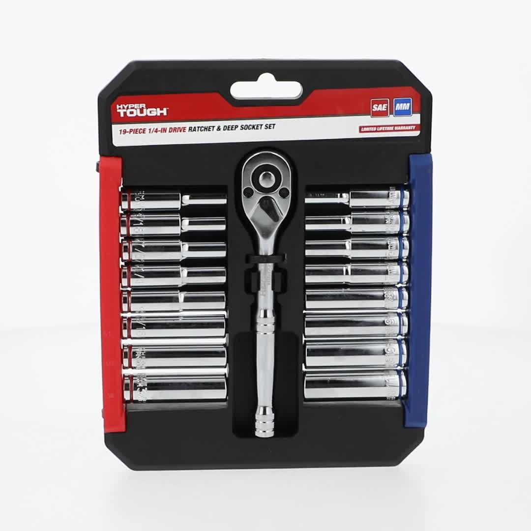 Hyper Tough 19 Piece 1/4 Inch Drive Ratchet and Socket Set Deep