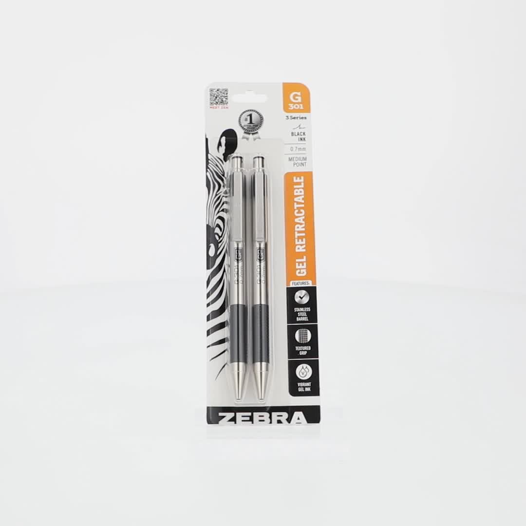 Zebra, Gel Pen, G-301, Stainless Steel Retractable 0.7mm, Black