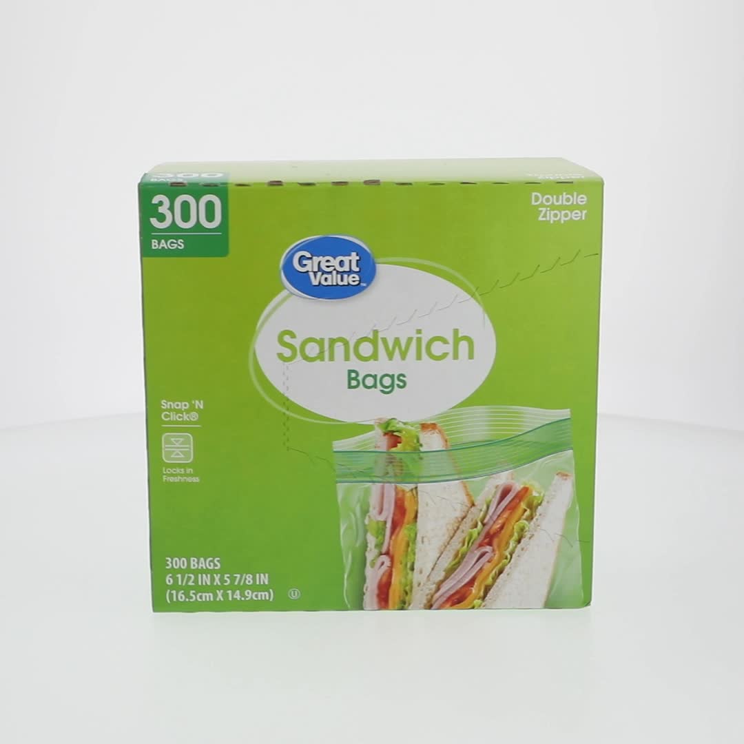 Great Value Double Zipper Sandwich Bags, 300 Count, Reusable Snack