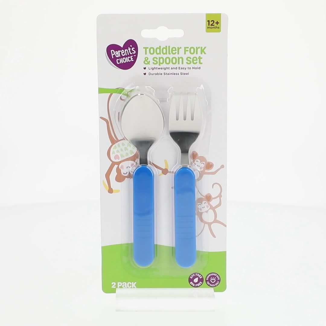 Parent's Choice Toddler Fork and Spoon Set, Stainless Steel, Blue