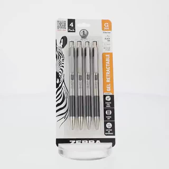 Zebra G-301 Stainless Steel Retractable Gel Pen, 0.7mm, 4pk